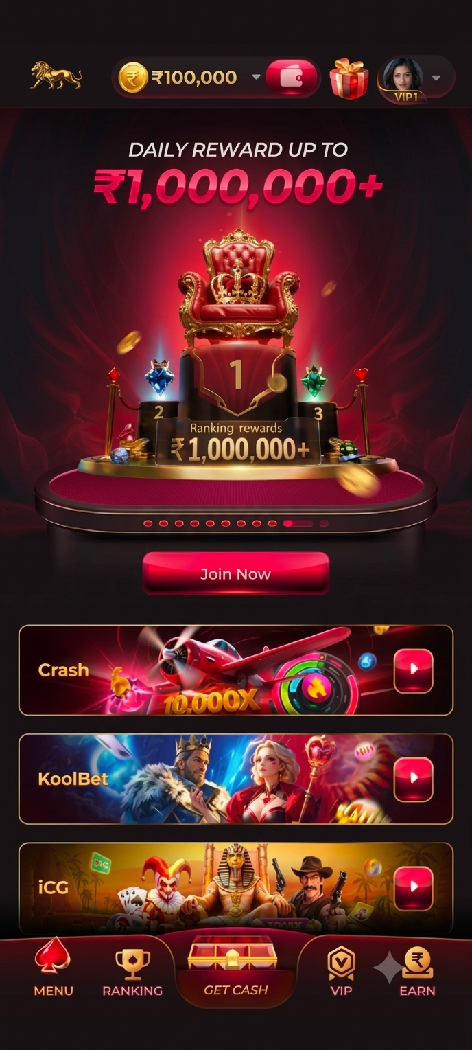 MGM Game home screen showing daily reward and game categories like Crash and KoolBet
