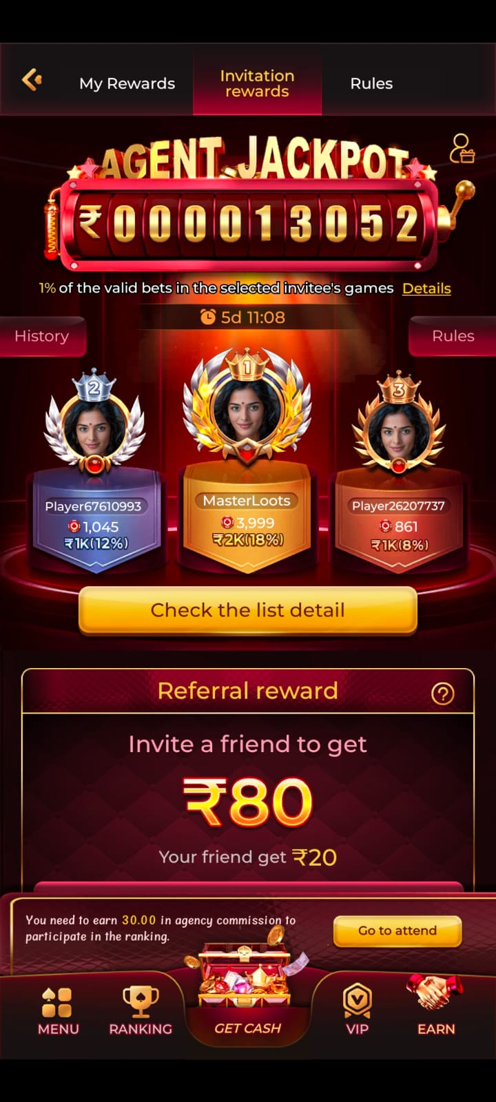 Agent Jackpot and referral rewards leaderboard screen