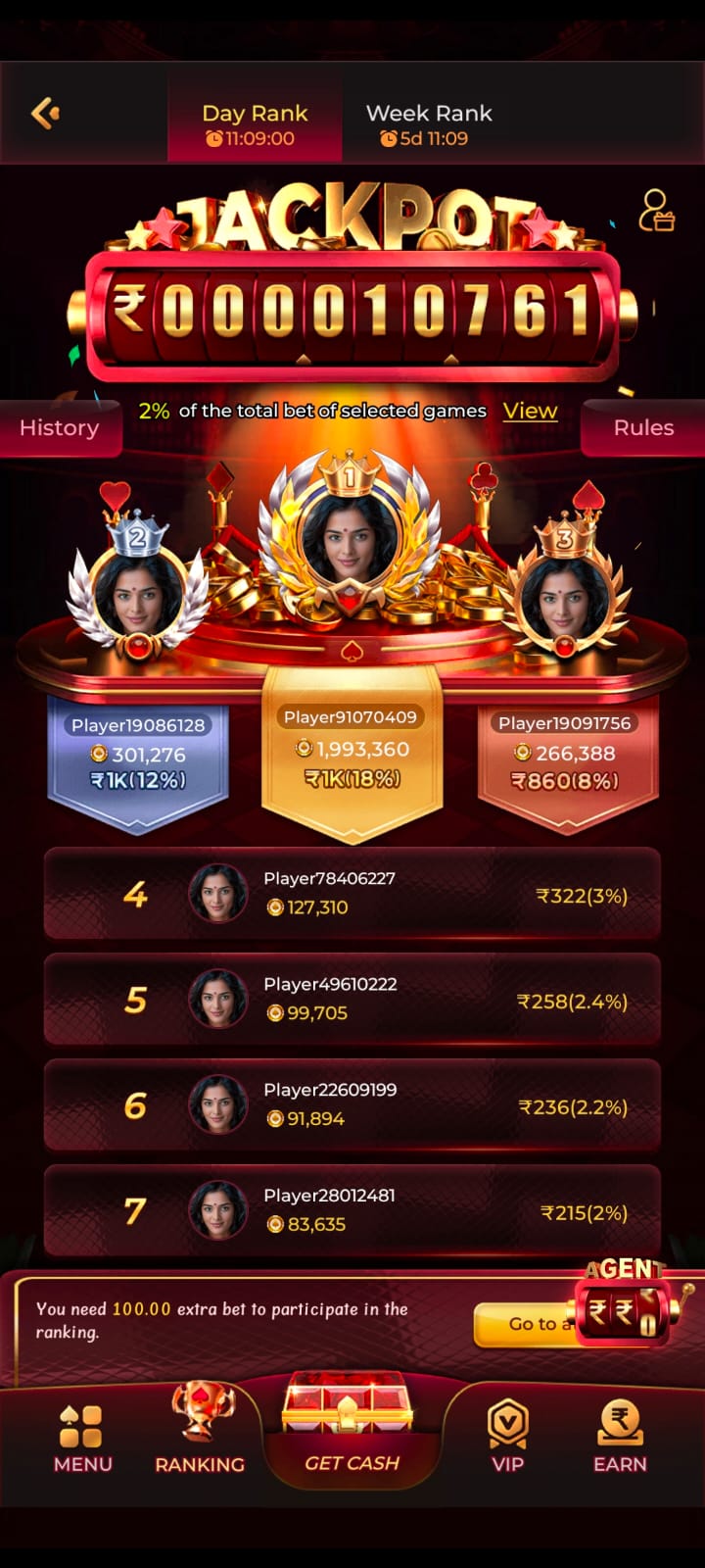 ay and week jackpot ranking leaderboard screen