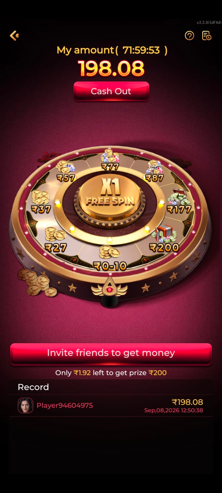 Spin wheel screen showing cash-out prize amounts